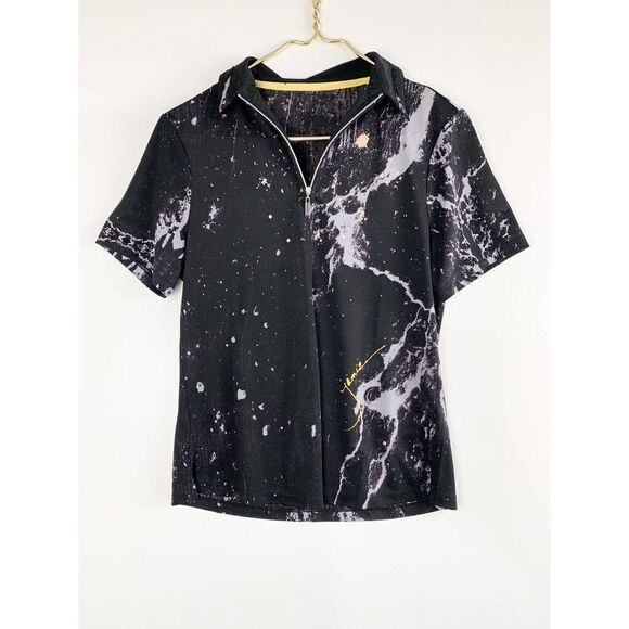 JAMIE SADOCK Black Marble Splatter Short Sleeve Collared Golf Shirt Womens Sz M - Picture 1 of 5
